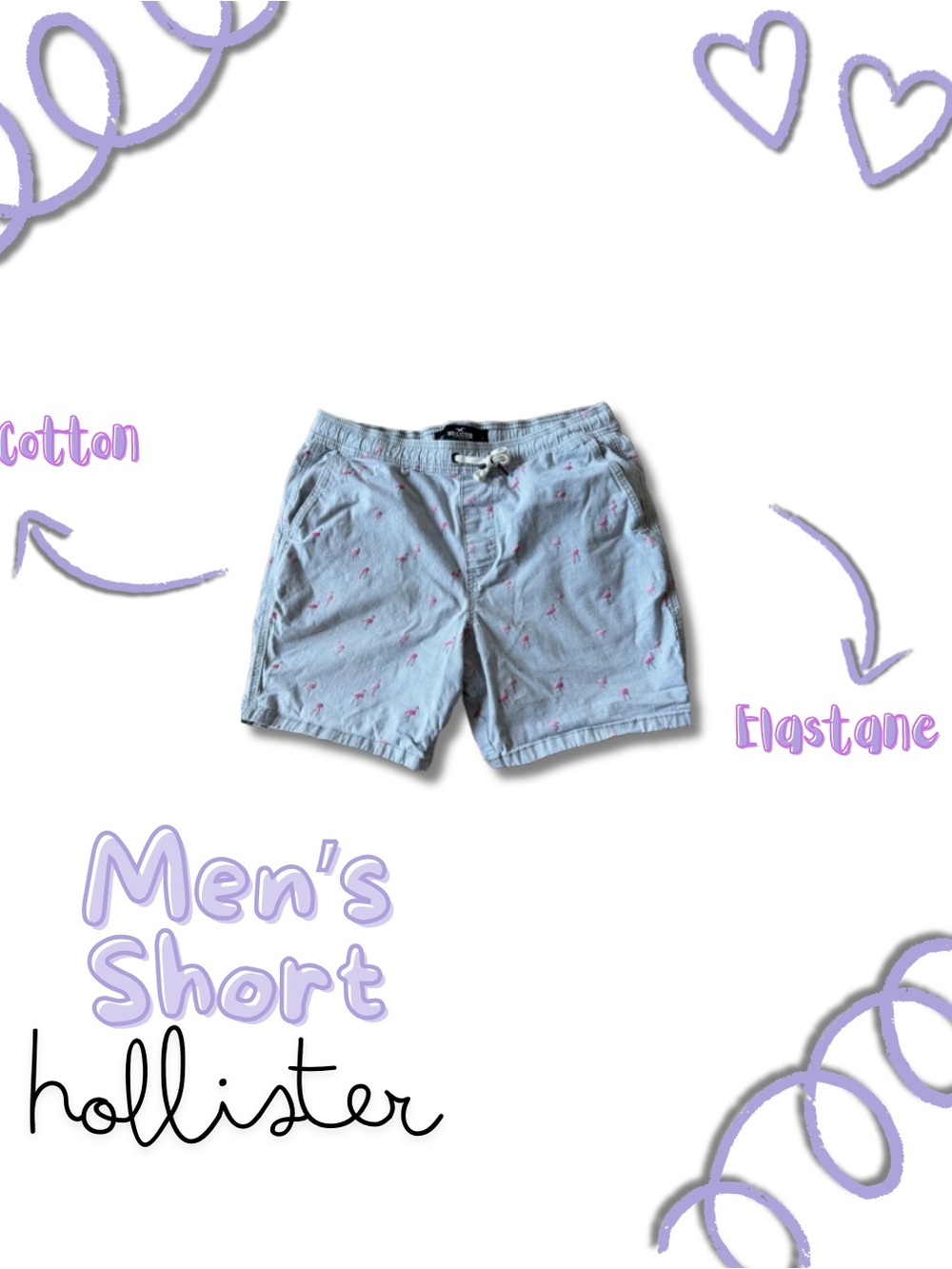Hollister Men's Pale Blue Cotton Shorts with Pink Embroidery